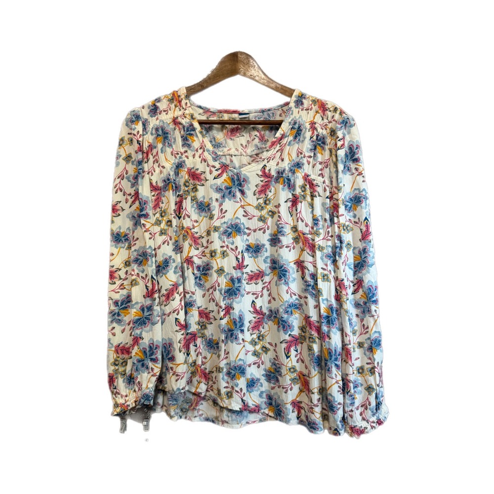Old Navy Floral Blouse Womens Large White Blue Pink Excellent V-Neck Long Sleeve